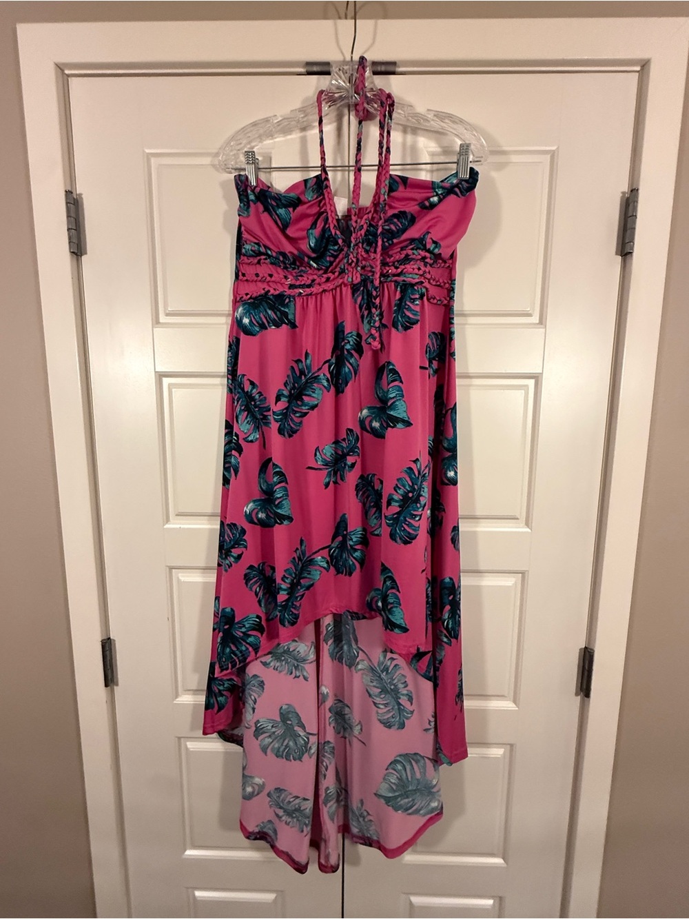 VENUS Pink Strapless High-Low Jumpsuit with Teal Leaf Print